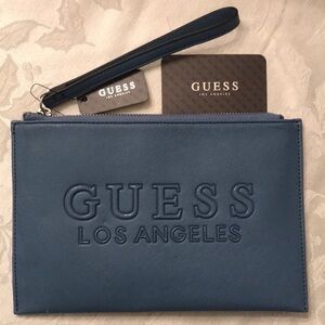 Brand New Guess Los Angeles Rodney SLG Zippered Denim Blue Wristlet
